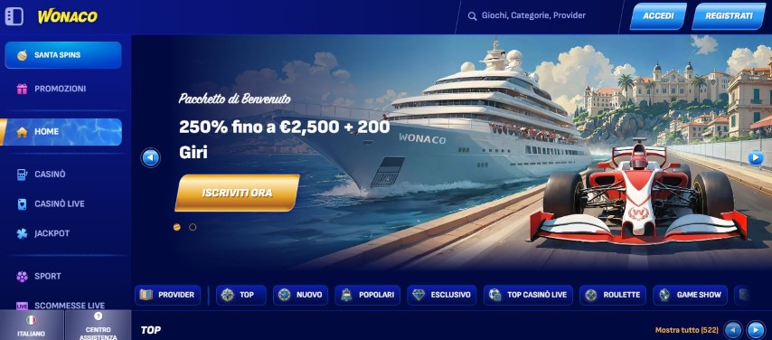 Visita homepage Wonaco Casino e richiedi bonus benvenuto
